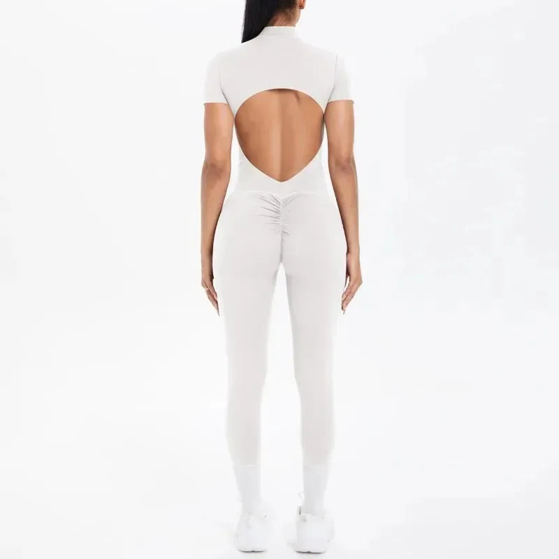 New Women's Yoga Jumpsuit Front Zipper Tight Back Hollow Out Short Sleeve-pants Activewear for Fitness Running Gym Workout.