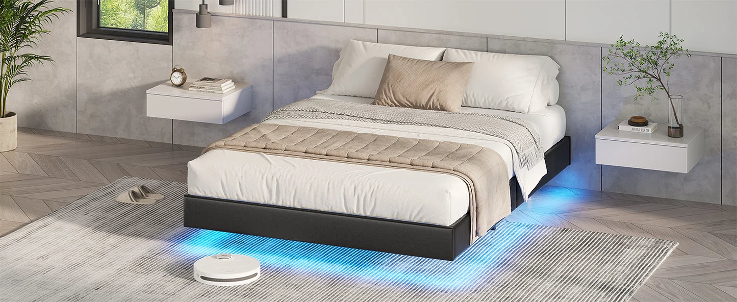 Bett 140x200 mit verstellbarer Beleuchtung, Bettgestell 140x200 mit weicher Polsterung, schwebender Bettrahmen, gepolsterte Jugendbe