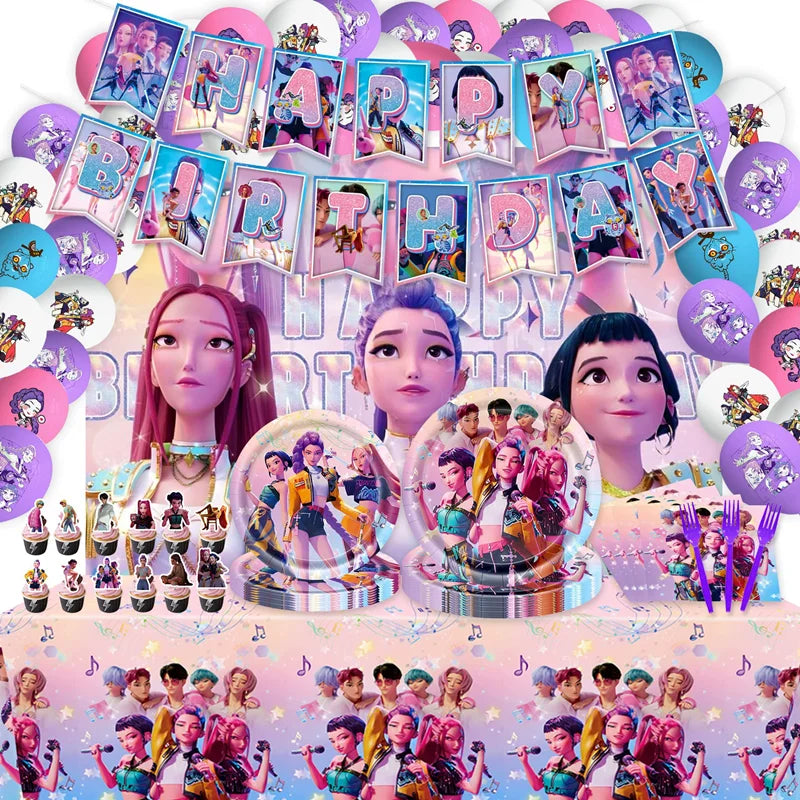 Kpop Demon Hunters Birthday Decorations Kpop Demon Hunter Birthday Theme Party Favors Supplies Plates Cup Balloons Backdrop Gift.