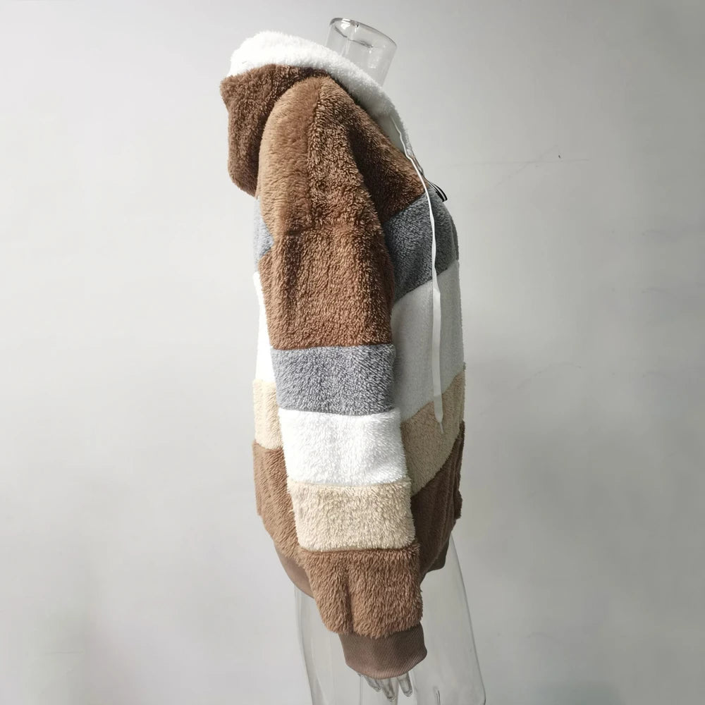 Übergroße Jacke für Frauen Mantel 2025, Herbst Winter, warm, Plüsch, Tasche, Kapuze, Streetwear, lockere Dame, Reißverschluss, Kaschmir-Oberbekleidung