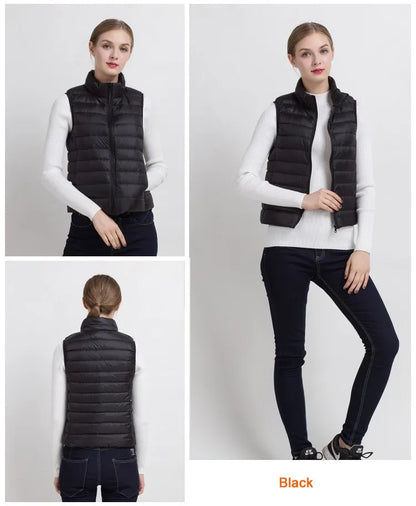 0-10 ℃   Frauen Westen Herbst Winter Ultra Licht Ente Unten Weste Weibliche Dünne Ärmellose Jacke Winddicht Warme Puffer Weste 4XL