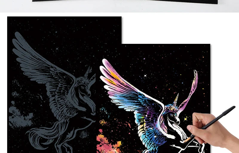 2 Sheets Animal Scratch Art Paper Set with Stylus DIY Rainbow Craft Lion Unicorn Cat Dog Painting Toy Creative Kids Adults Gift.