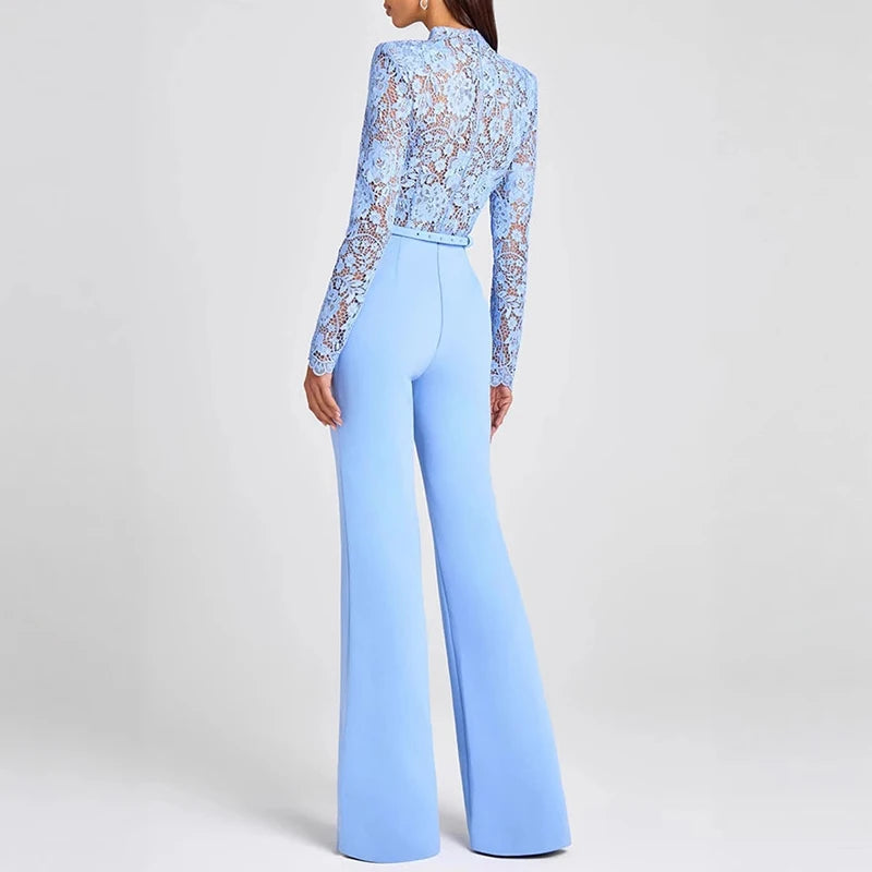 Jacquard Lace High-waisted Women Jumpsuit Embroidery Crochet Office Straight Playsuit Sexy See Through Hollow Flare Pants Romper.