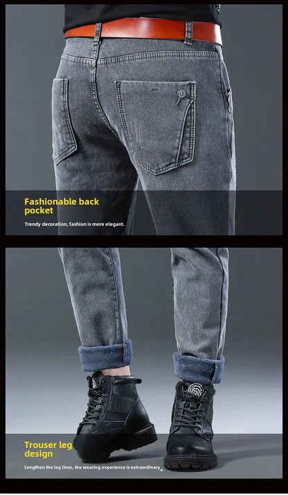 Winter Hot Sale Of The Season Trendy Stretchy Fleece Lined Thick Denim Mid Waist Fashionable Casual Warm Long Pants Men's Jeans