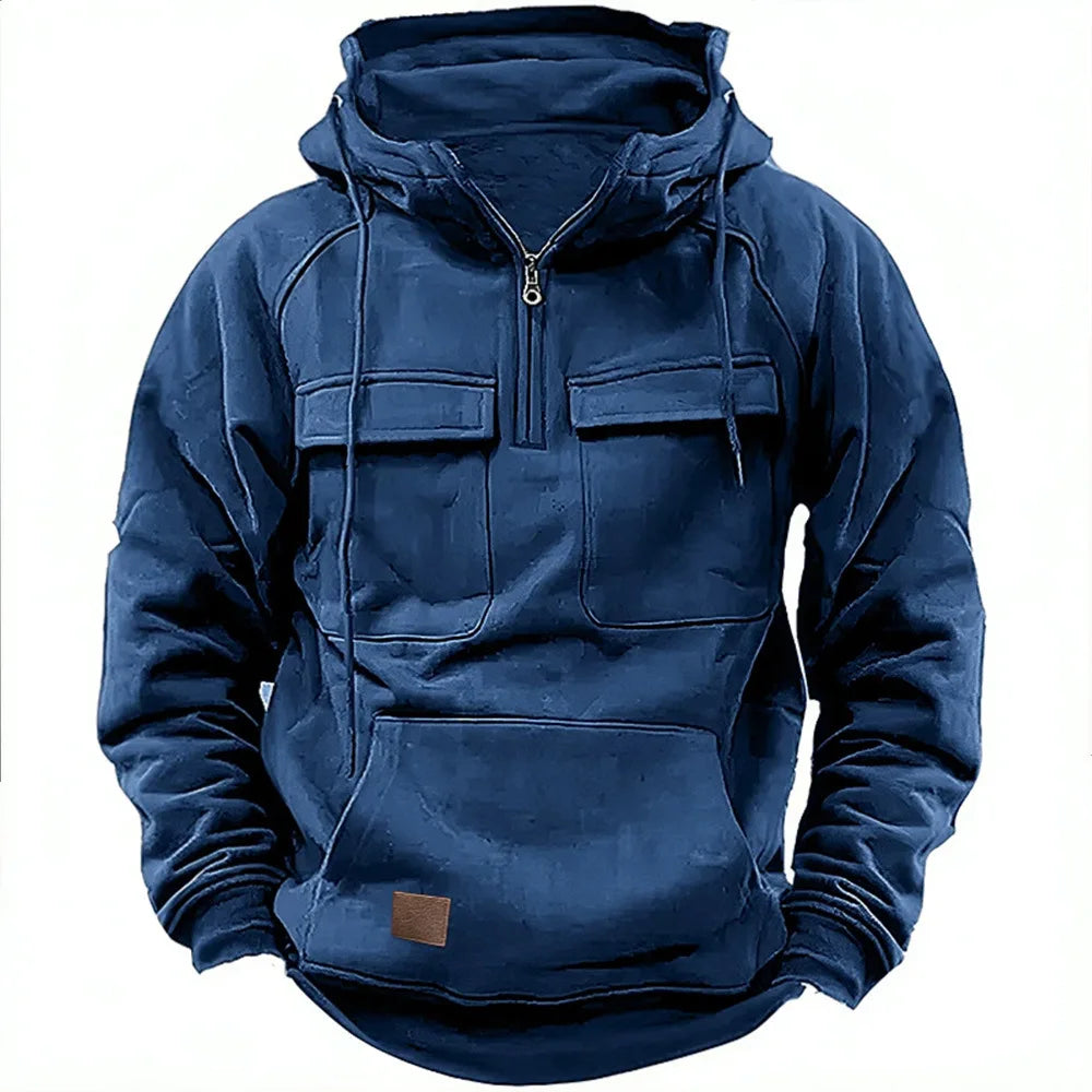 2025 New Autumn Winter Men's Hooded Solid-color Casual Hoodie Fashionable Young Man's Multi-Pocket Patch Hoodie Pullover Shirt.