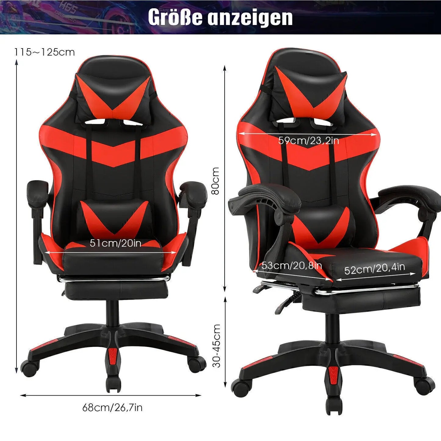 Bürostuhl Ergonomisch Gaming Stuhl Massage Gaming Sessel mit Kopfstütze Massage-Lendenkissen, Gepolstert Gaming Chair, Drehsessel,150kg Kapazität,Schwarz Rot