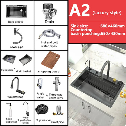 Kitchen Sink Stainless Steel Large Single Slot Multifunctional Tank Wash Basin With Waterfall Faucet Lowe Price