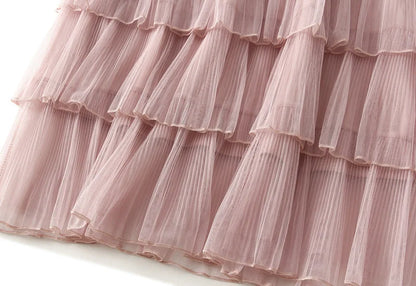 Beiyingni Woman Mesh Long Midi Cake Skirt Solid Color Elegant French Tiered Fairy Tulle Skirts Khaki Casual High Waist Faldas