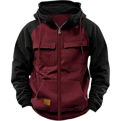 2025 Autumn Retro Workwear Hooded Sweatshirt Men Zipper Solid-Color Warm Sports Shirt With Multiple Pockets Hooded Jacket Winter.