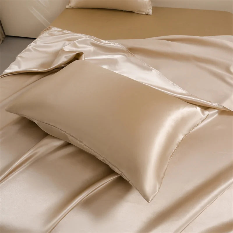 Satin Bed Sheets, Queen Size Sheets Set, 4 Pcs Silky Bedding Set   1 Deep Pocket Fitted Sheet + 1 Flat Sheet + 2 Pillowcases.