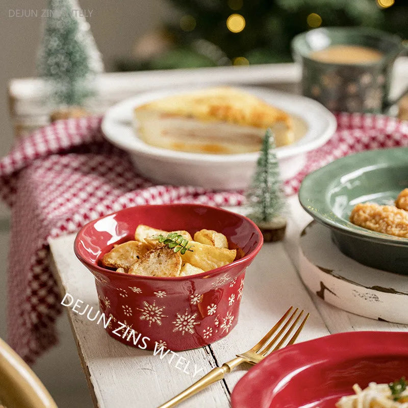 1PC Exquisite Christmas Tableware Ceramic Plates Fruit Salad Plates Breakfast Milk Mugs Household Kitchen Ceramic Noodle Bowls.