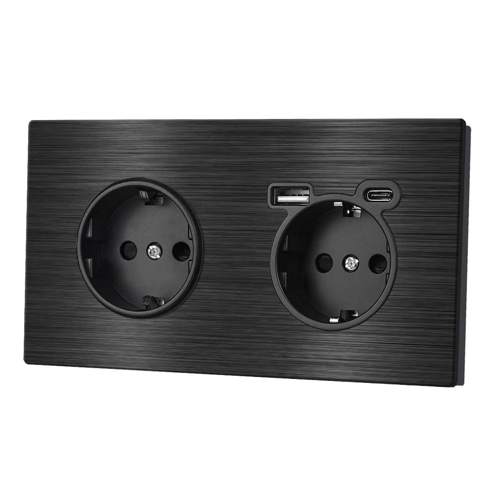 SRAN Eu-Steckdosen, 82/153/224 x 82 mm, schwarzes Panel aus Aluminiumlegierung, 16 A USB-Wandsteckdose Typ C, Heimbüro.