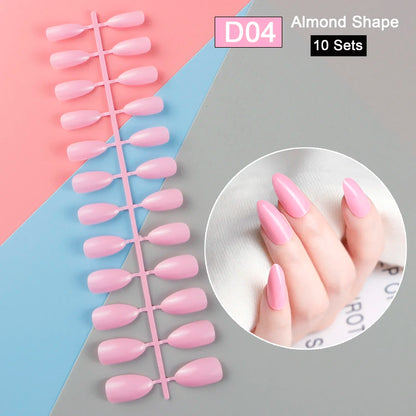 10 Sets/Pack Mixed Solid Colors Coffin Round Square Almond Shape False Nails Full Cover Nail Tips Short Fake Nails Tip Manicure