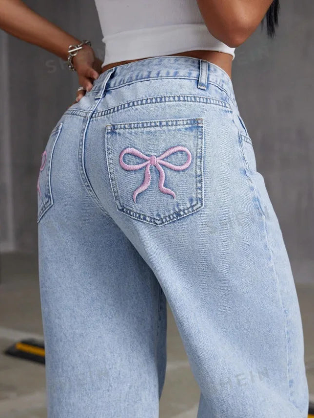 Women Wide Leg Boyfriend Jeans Straight Hip Hop Bow Embroidery Denim Pants Low Waist Baggy Jeans Casual Loose Jeans Streetwear.