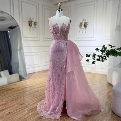 SERENE HILL Maßgeschneiderte 2025, türkisfarbene Spaghettiträger, luxuriöse Perlen-Abendkleider, Meerjungfrau, Schlitz, Überrock, Party, GLA 72378 | H&D Shop