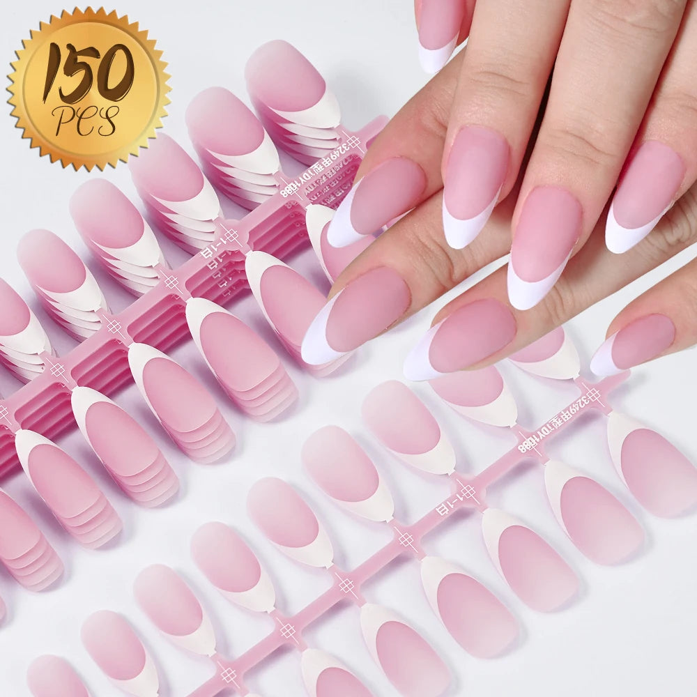 150Pcs Pre-made French False Nails Scarless Coffin Almond Fake Nail Artificial Fingernails Press on Nails for Nail Extension.