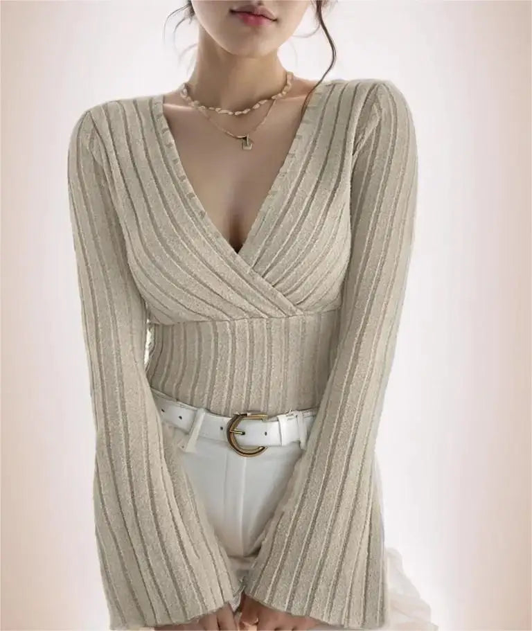 Damen-Herbst- und Winter-Langarmoberteile, sexy, schmale, gestreifte Damenoberteile mit V-Ausschnitt, langärmeliges T-Shirt, gestricktes Bottoming-Shirt