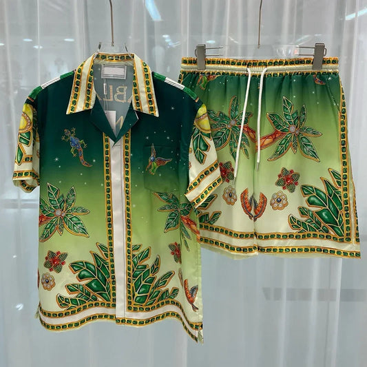 New Fashionable Digital Print Men's Short Sleeve Shirt And Shorts Set Popular with Young People across Borders Lightweight Cloth.
