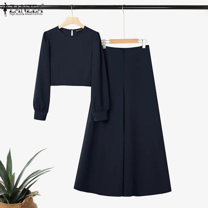 2025 ZANZEA Autumn Pant Sets 2PCS Women Outfits Long Sleeve Cropped Tops Wide Leg Trousers Solid Tracksuits Suit Matching Sets.