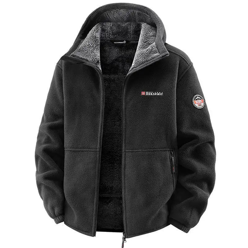 Men's Outdoor Sport Hooded Sweatshirt Jacket Warm Fleece Liner Windproof Softshell Inner Polar Fleece Coat with Zipper & Pockets.