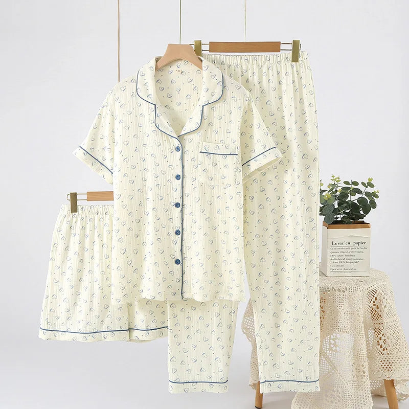 Pajamas pure cotton three-piece set spring and summer thin crepe autumn gauze lapel short-sleeved trousers shorts loungewear set
