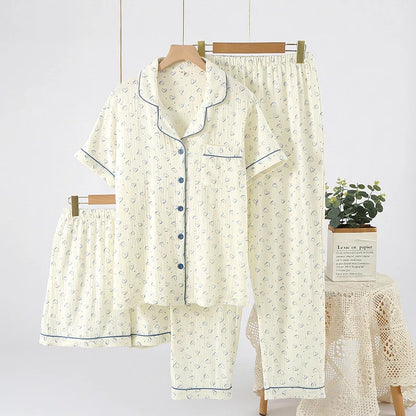 Pajamas pure cotton three-piece set spring and summer thin crepe autumn gauze lapel short-sleeved trousers shorts loungewear set