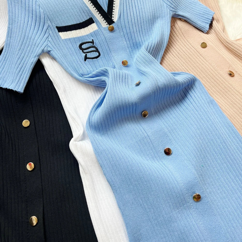 YuooMuoo 2023 Neue Sommer Frauen Gestrickte Lange Kleid Elegante Stickerei Dünne Elastische Bodycon Pullover Kleid Büro Dame Vestidos.