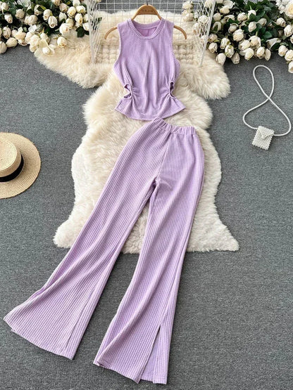 Korean Suits Women's Two Piece Set Summer Slim Fit Sleeveless O-neck Tops High Waist Slits Trousers Two-piece Suit Female D1109.