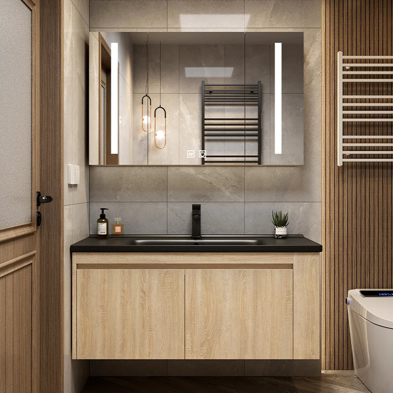 Leichter Luxus-Badezimmerschrank-Kombination, Badezimmer-Waschbecken, Gesichtswaschbecken, Toilettenholz, Waschbecken aus Keramik, integriertes Waschbecken im japanischen Stil