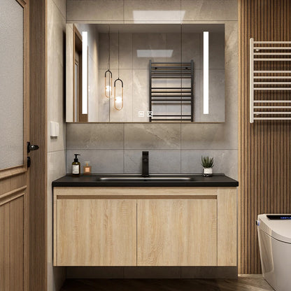 Leichter Luxus-Badezimmerschrank-Kombination, Badezimmer-Waschbecken, Gesichtswaschbecken, Toilettenholz, Waschbecken aus Keramik, integriertes Waschbecken im japanischen Stil