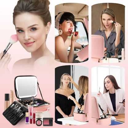 Makeup Bag with LED Mirror Travel Large Train Case Cosmetic Organizer Make Up Bags with 3 Color Lights and Adjustable Dividers.