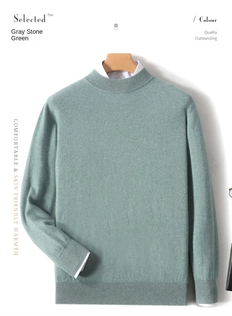 100% Pure Merino Wool Men's Semi High Neck Pullover Solid Color Plus Size Casual Sweater Autumn And Winter Sports Cashmere Top