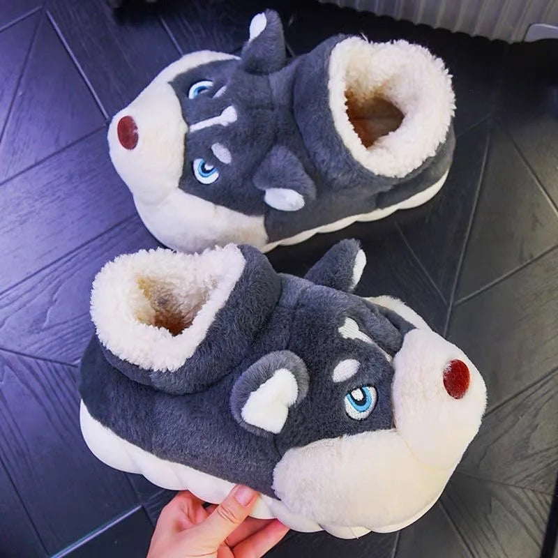 Women Indoor Cotton Slippers Cute Cartoon Dog Winter Warm Shoes Couples Home Floor Slides Anti-slip  Female Male House Footwear.