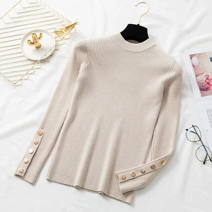 2025 Female Slim Knitted Soft Jumper Tops Autumn Winter Women Casual Sweater Pullovers Button Long Sleeve O-neck Chic Sweater.