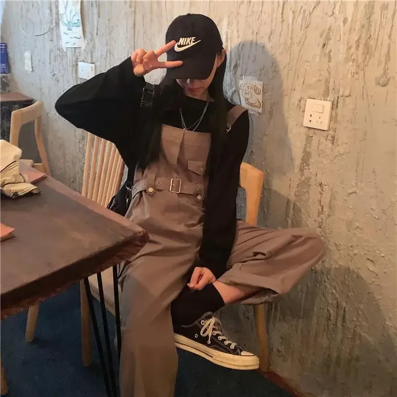 Jumpsuits Women Design Loose Fashion Vintage Students Spring Korean Style Straight Leisure Belt Simple Solid Elegant Tender Cozy
