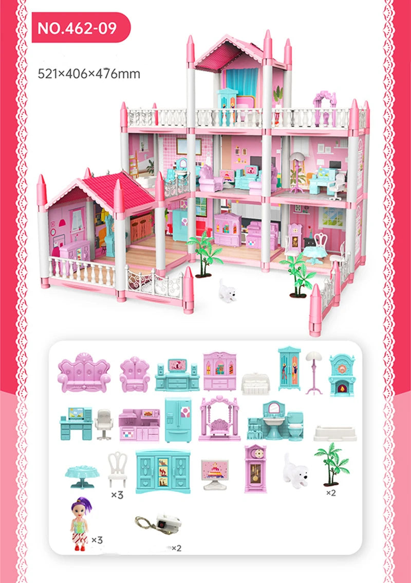 Girls Toddler Doll House - Large Doll House with 4 Dolls, Furniture, Accessories, LED Lights, 4 Stories Princess Dream House Toy.
