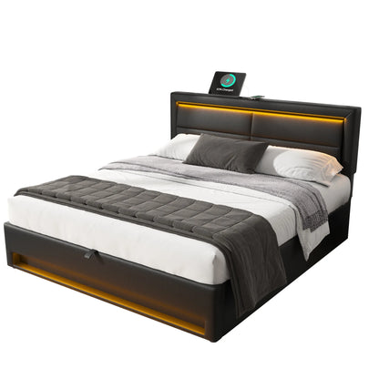 160x200cm Gepolstertes Doppelbett mit LED und USB, mit Lattenrost und Stauraum, PU-Funktionsbett