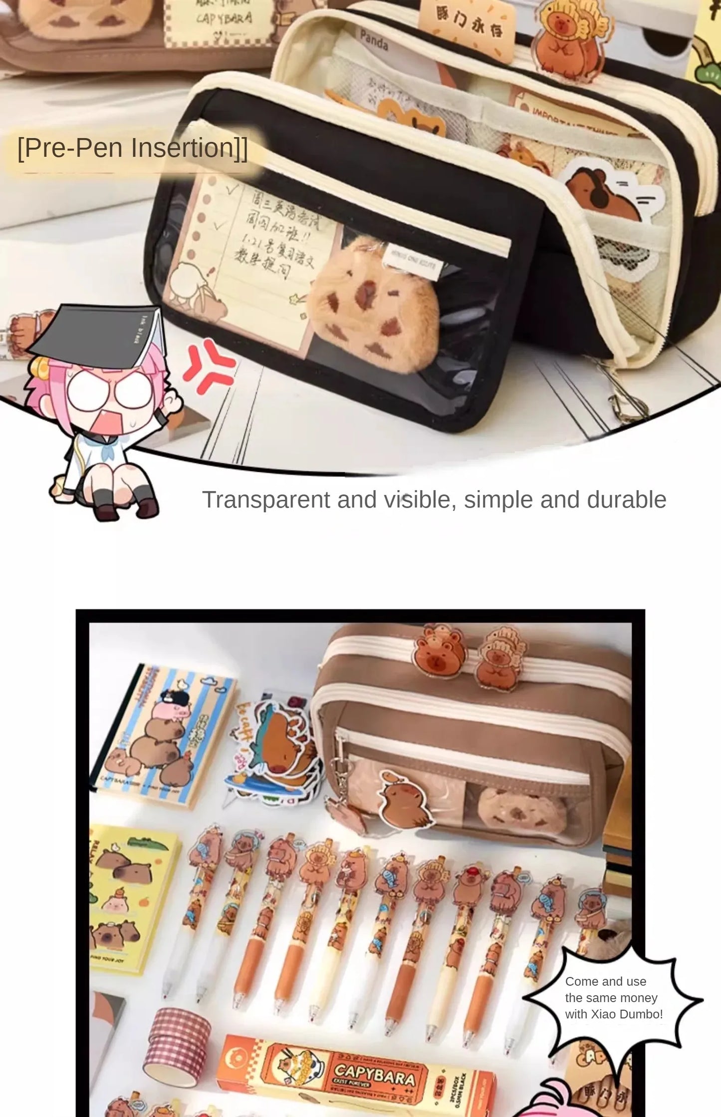 Große Kapazität Bleistift Tasche Capybara Cartoon Leinwand Schreibwaren Halter Tasche Mit Broschen Aufkleber Clips Schlüsselanhänger Kinder Stift Fall.