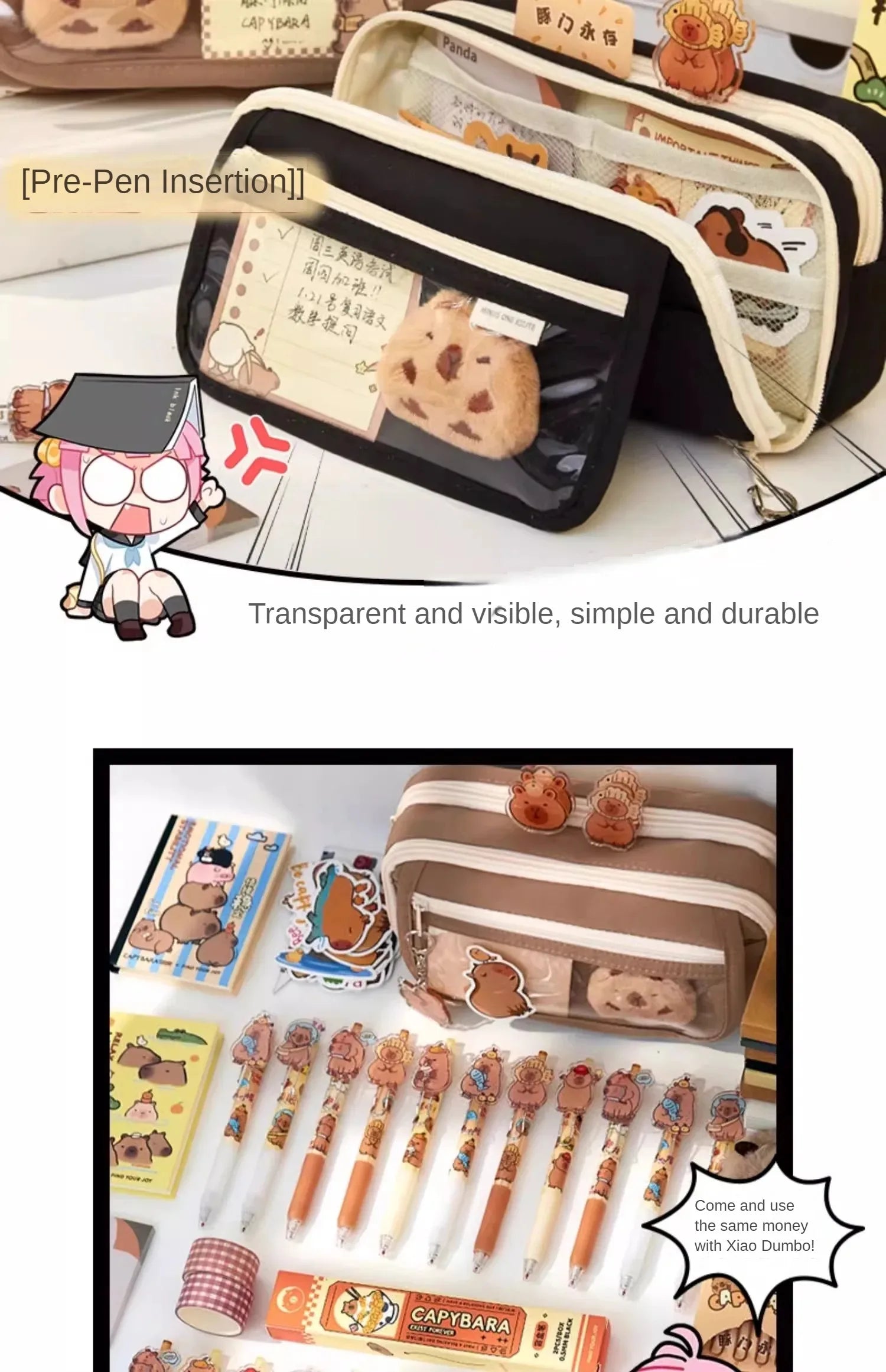 Große Kapazität Bleistift Tasche Capybara Cartoon Leinwand Schreibwaren Halter Tasche Mit Broschen Aufkleber Clips Schlüsselanhänger Kinder Stift Fall.