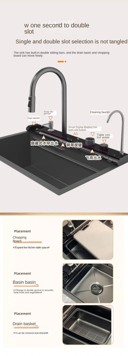 304 Edelstahl Wasserfall Küchen spüle große Einzels chlitz integrierte Digital anzeige Wasserhahn Set Seifensp ender Tasse Waschmaschine