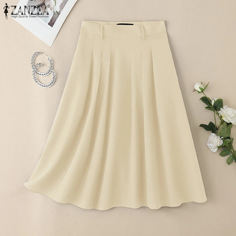 ZANZEA Summer Solid Midi Skirt Elegant Women High Waist Work OL Skirts Fashion A-line Jupes Stylish Party Faldas Saia  Plus Size.