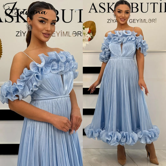Zavana Stilvolles A-Linien-Abschlussballkleid, schulterfrei, mit Falten, Tüll, Tee-Länge, Saudi-Arabien, Festzug, formelles Partykleid, individuell gestaltet