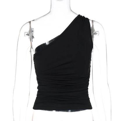 Hugcitar Women'S Fashion Sexy One Shoulder Solid Ruched Sexy Crop Tank Top Summer Clothes Streetwear Party Festival Wholesale.