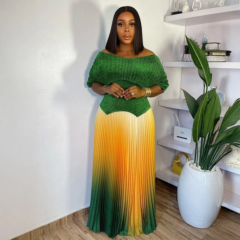 Women Plus Size Gradient Color Long Skirts And Tops Pleated 2 Piece Outfit Luxury Dubai Prom 2025 Casual For Female Fashion Sets.