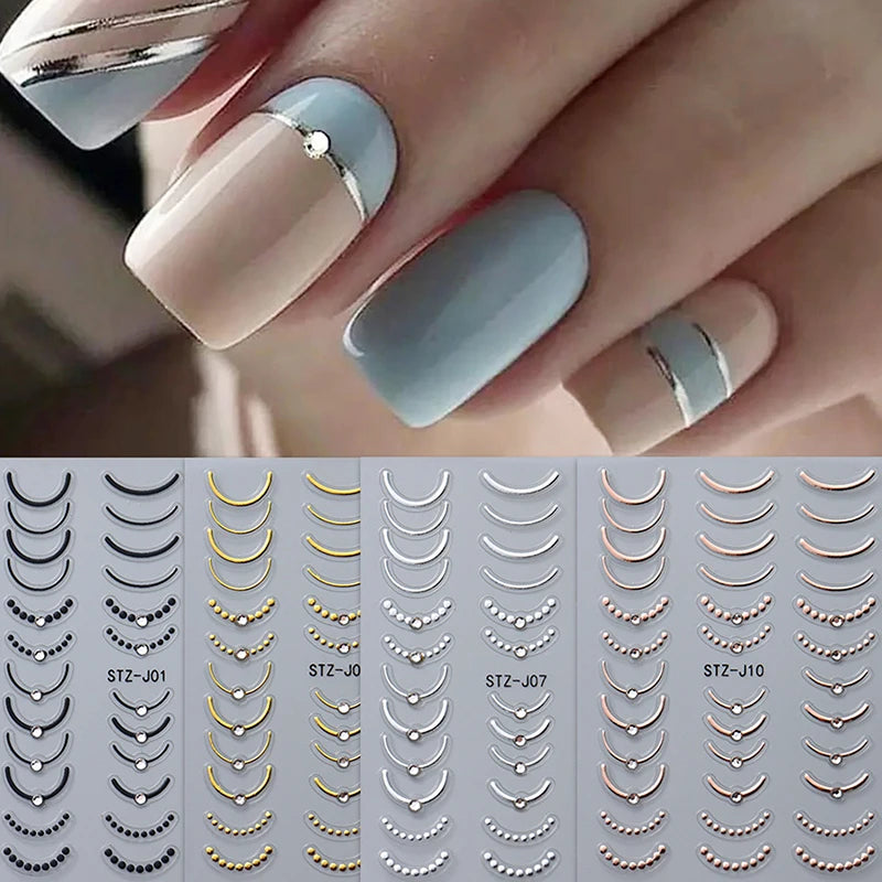 French Tips Nail Sticker 5D Embossed Crystal French Nail Decals Gold Silver Black Line Design Adhesive Slider Nails Art.