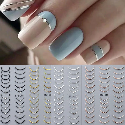 French Tips Nail Sticker 5D Embossed Crystal French Nail Decals Gold Silver Black Line Design Adhesive Slider Nails Art.