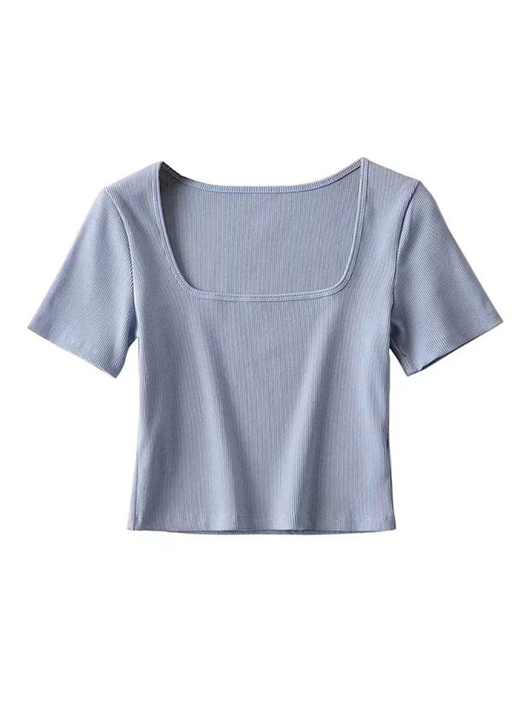 Frauen quadratischen Hals Rippe Ernte T-Shirt Kurzarm Crop Top