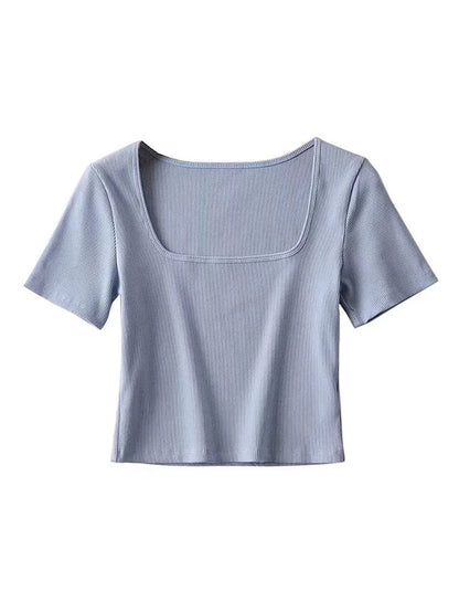 Frauen quadratischen Hals Rippe Ernte T-Shirt Kurzarm Crop Top