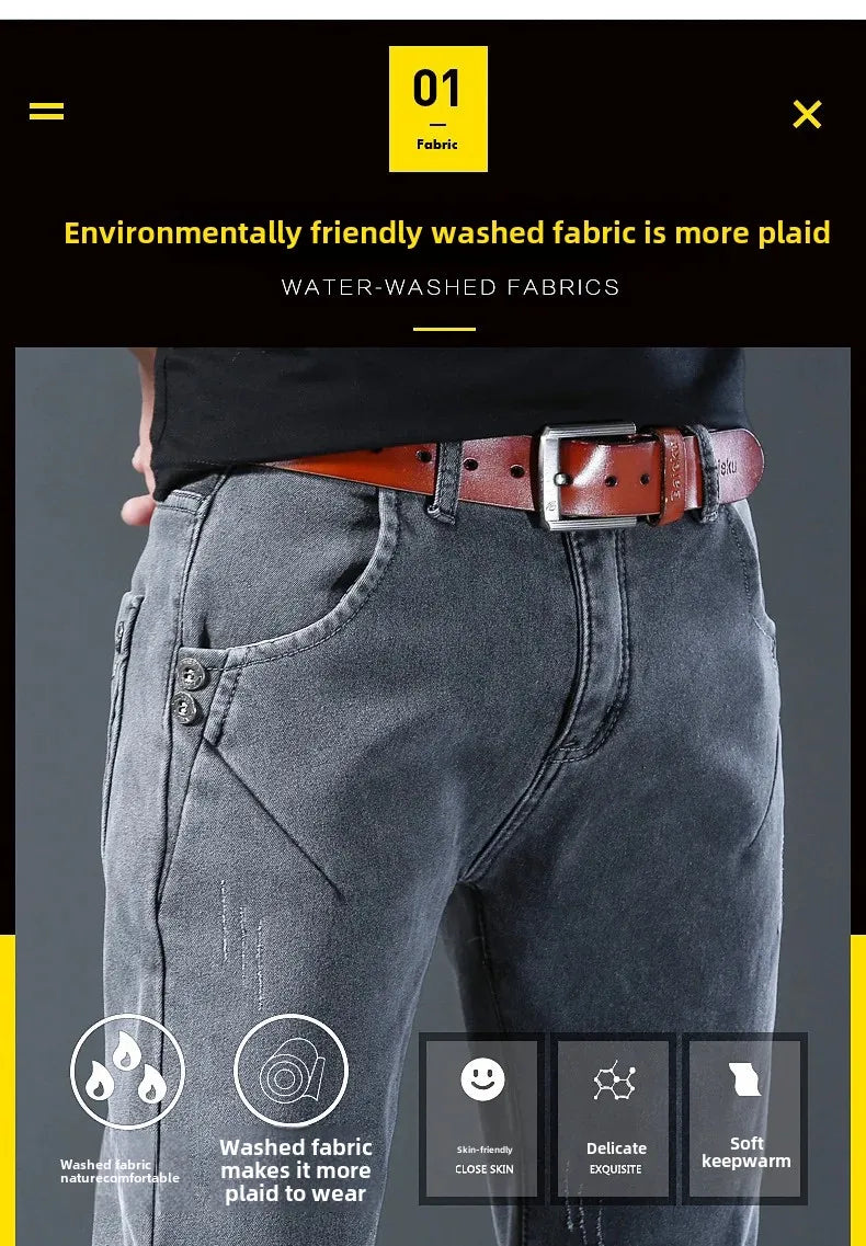 Winter Hot Sale Of The Season Trendy Stretchy Fleece Lined Thick Denim Mid Waist Fashionable Casual Warm Long Pants Men's Jeans.