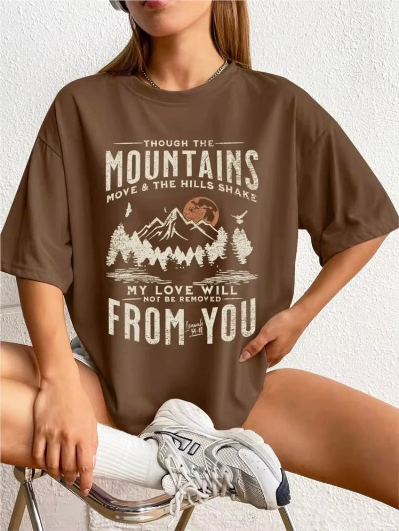 Spring Woman Cotton T-Shirts Mountains Setting Sun Printed Short Sleeve Tees Fashion Female Clothes Comfortable Soft Street Tops.